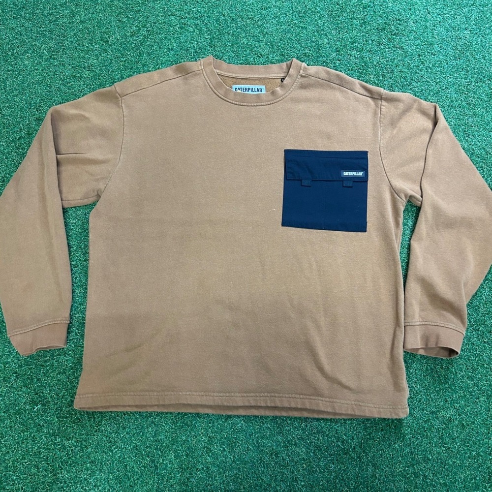 Caterpillar Mens Brown Crewneck Sweatshirt Navy Utility Pocket XL RN 94207